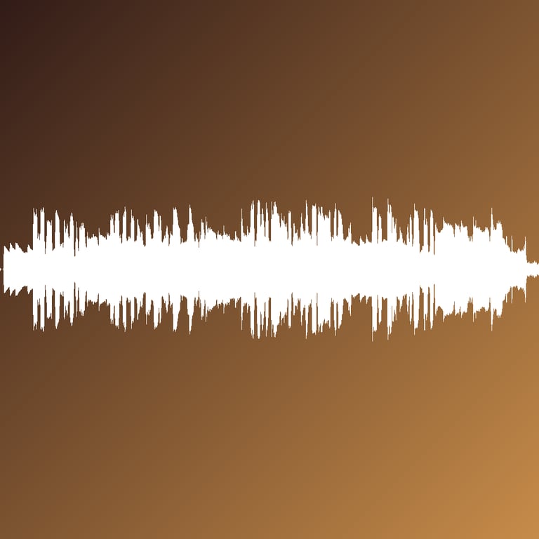 Weiße digitale Audio-Wellenform als stilisierte Klangvisualisierung auf einem braunen Farbverlaufs