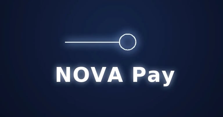 Nova Pay Logo mit leuchtendem weißen Schriftzug und einem minimalistischen Schieberegler-Icon