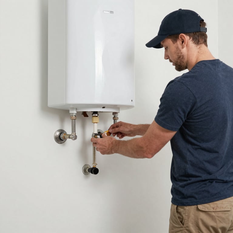 A shiny new water heater being installed in a basement utility area.