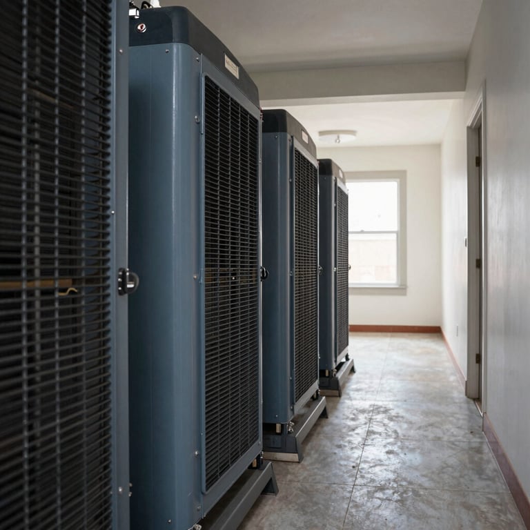 Industrial air scrubbing equipment and dehumidifiers working inside a North American residential hallway, blue-gray and dark gray professional equipment, efficient atmosphere.