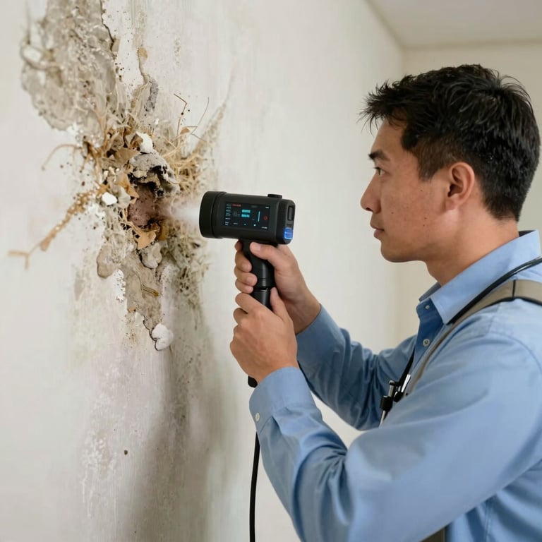 An expert inspector in a North American setting using a thermal imaging camera to detect hidden moisture and mold behind a wall, high-tech and accurate feel.