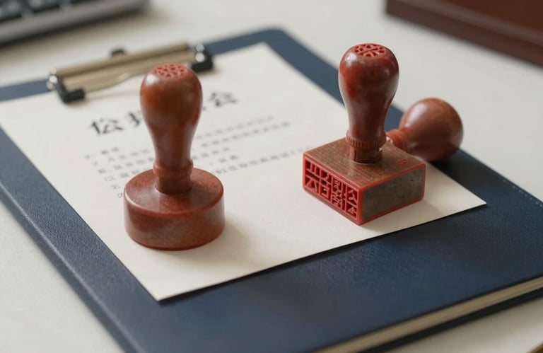A sharp, clear photograph of a legal seal and professional stamps on a clean desk, representing statutory compliance and official authority. Professional lighting with dark navy and off-white color accents.