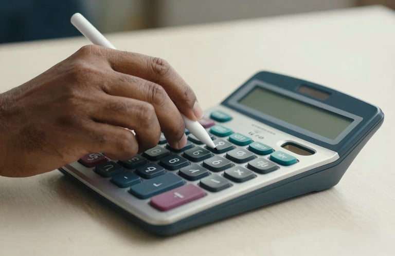 Close-up of a South Asian professional's hands using a calculator and a digital stylus, representing accuracy and modern bookkeeping practices. Palette of off-white and dark blue.