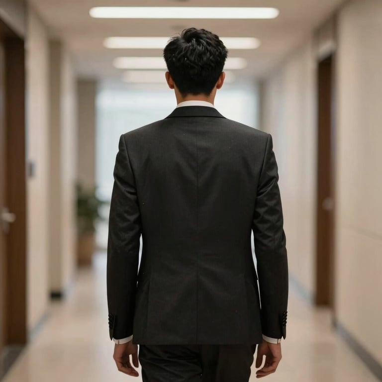 A blurred silhouette of a legal professional in a sleek business suit standing in a hallway.