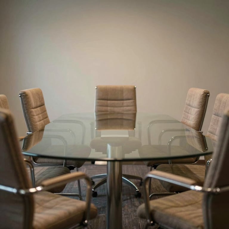 A professional meeting room with comfortable chairs and a glass table, reflecting a calm atmosphere.