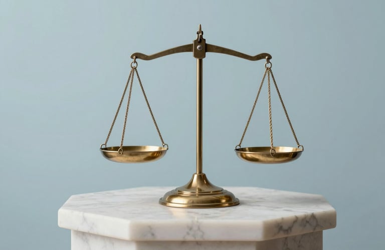 A detail shot of a classic brass scale of justice resting on a white marble pedestal. Elegant, professional photography with light blue and off-white tones.