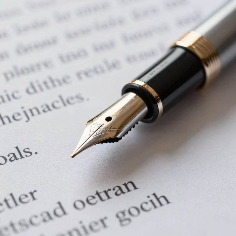 Detailed macro shot of an fountain pen resting on a legal document in a professional setting.