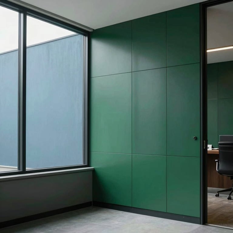 Interior of a modern South American law firm with large windows and minimalist decor in Midnight Green and Slate Blue.
