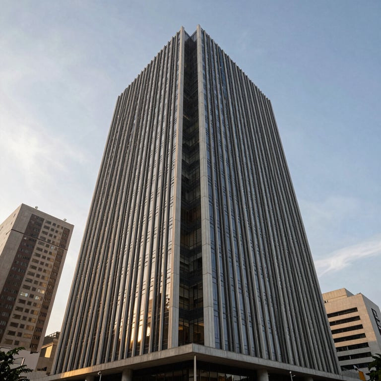 Architectural exterior of a contemporary business building in a major Brazilian financial district.
