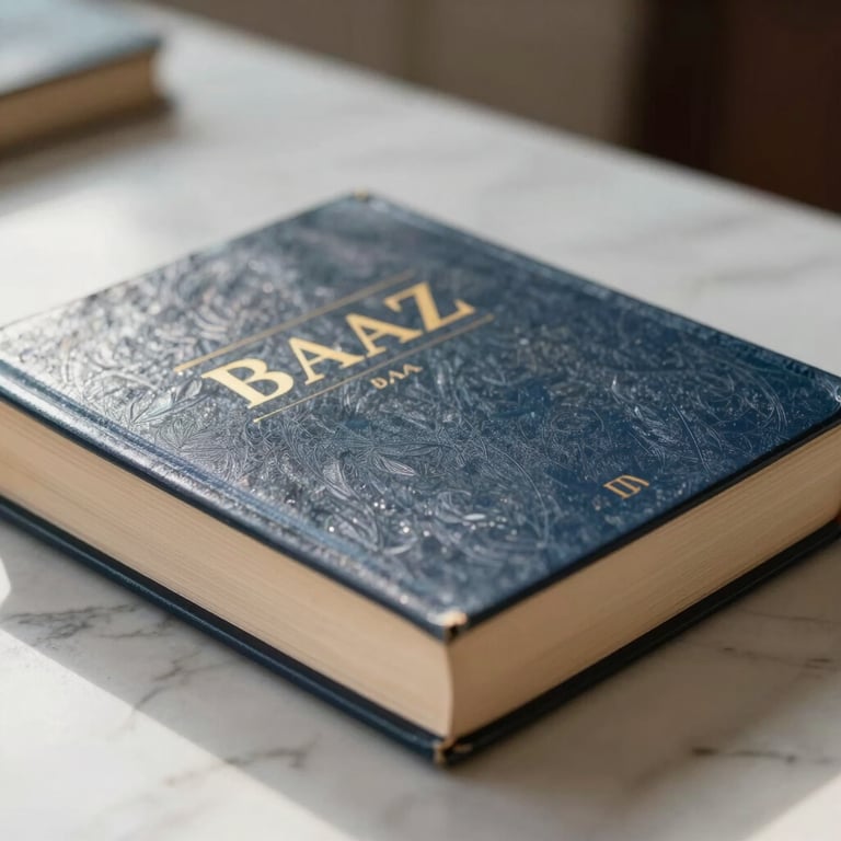 Close-up of a classic Brazilian law book on a marble desk, soft morning light.