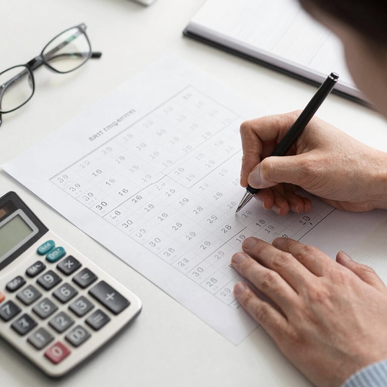 Close-up of hands reviewing tax documents with a calculator and laptop.