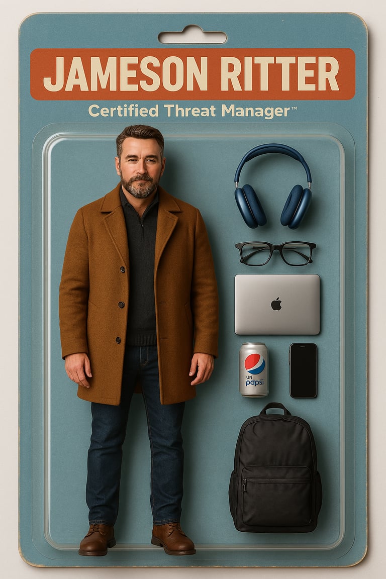 Action figure packaging for Jameson Ritter, Certified Threat Manager, with a laptop, headphones, and gear.