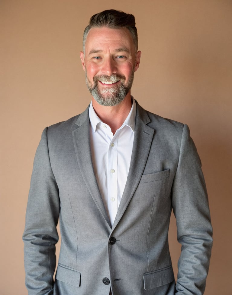 Professional corporate headshot of a smiling middle-aged man with a gray beard wearing a grey blazer.