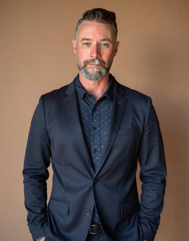 Professional corporate headshot of a middle-aged man with a beard wearing a navy blue blazer.