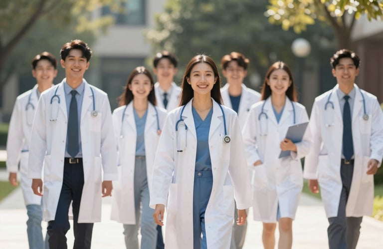 A diverse group of happy medical students wearing white coats, walking together on a sunny campus. Vibrant and inspiring mood with #0A362B and #F8F6F0 colors.