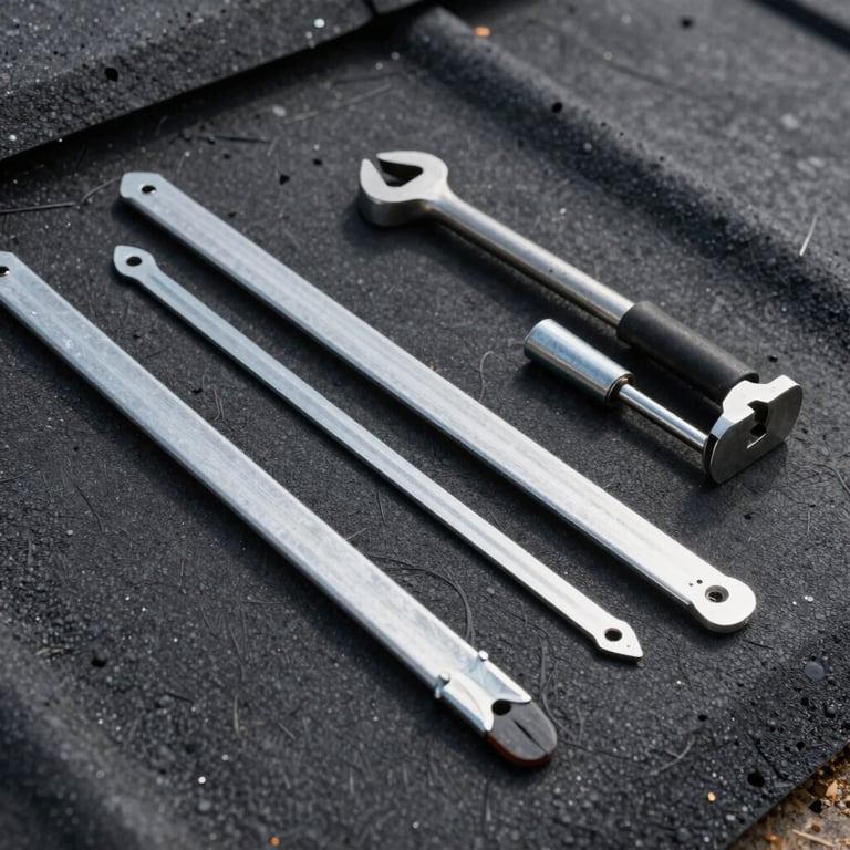 High-detail macro photography of high-grade roofing sealants and heavy-duty steel tools on a charcoal black roof surface, emphasizing construction quality and durability.