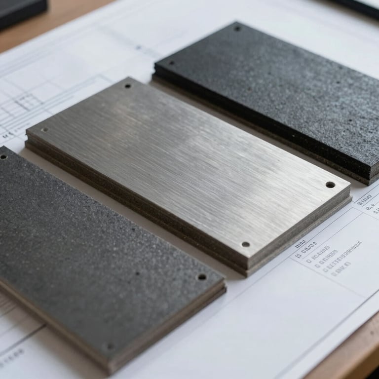 Close-up of industrial-grade roofing material samples in steel gray and charcoal black being presented on a professional blueprints table.