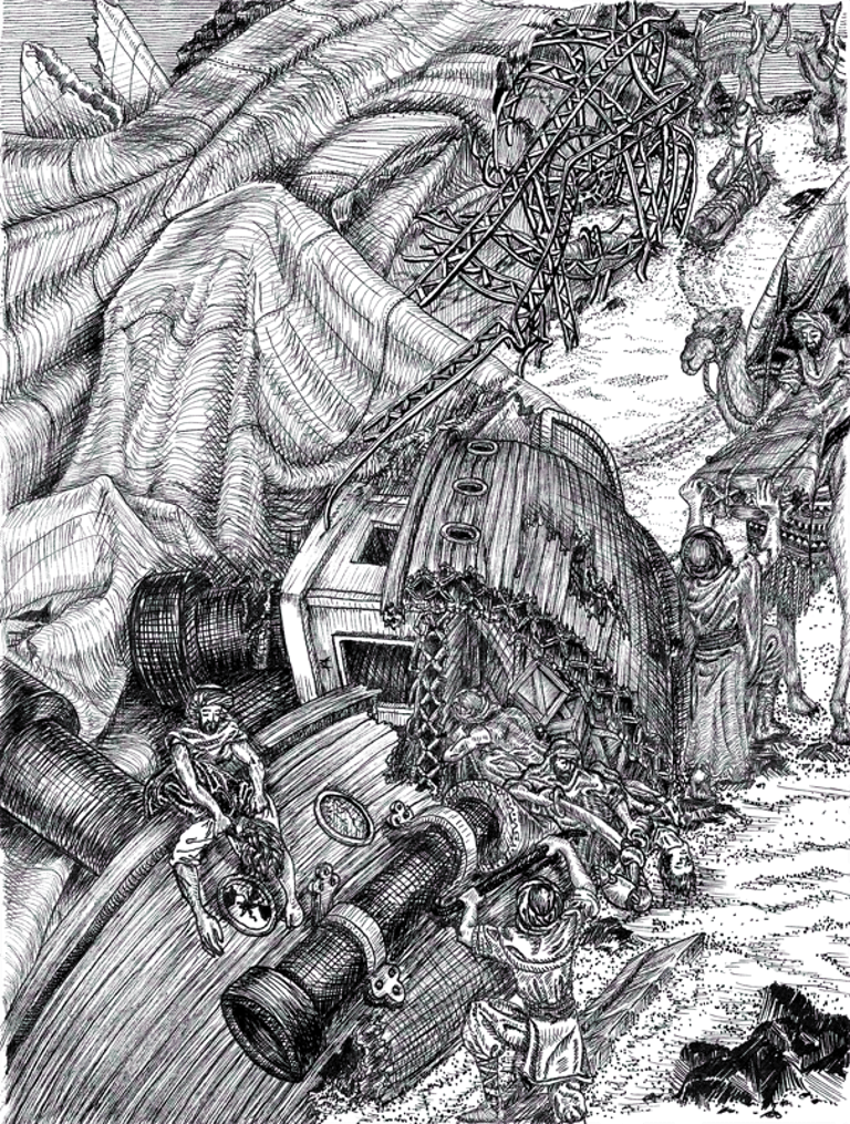 black and white pen and ink illustration Victorian Steampunk Airship Crash inspired by historical photograph
