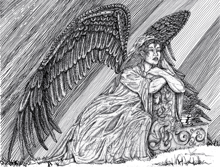 black and white pen and ink illustration grieving angel mechanical metal wings character Steampunk statue 
