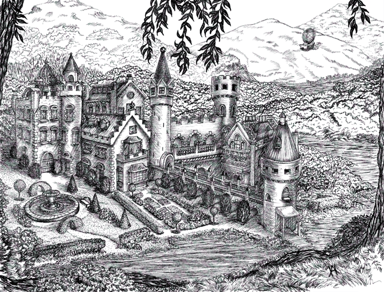 black and white pen and ink illustration steampunk narrative landscape based on Scottish Chateau