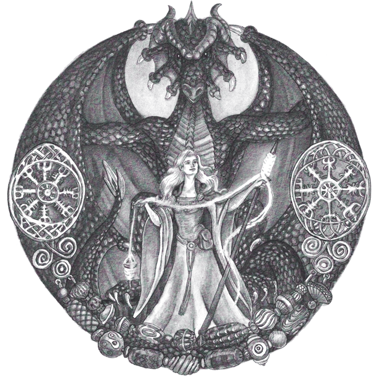 black and white pen and ink shield dragon goddess spinning Norse Celtic Viking mythology