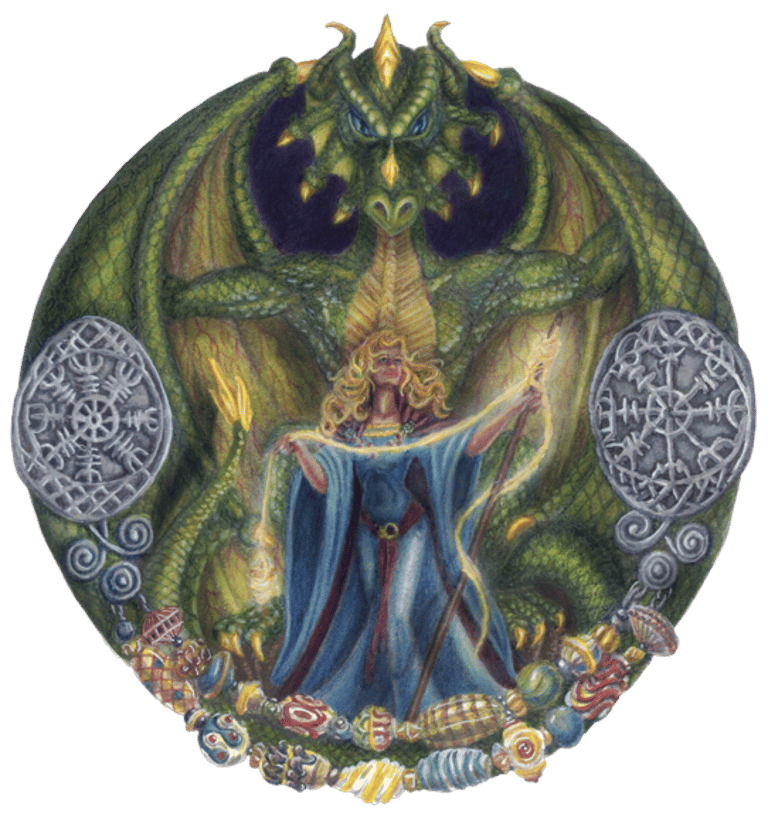 Color ink pencil illustration shield dragon goddess spinning Norse Celtic Viking mythology