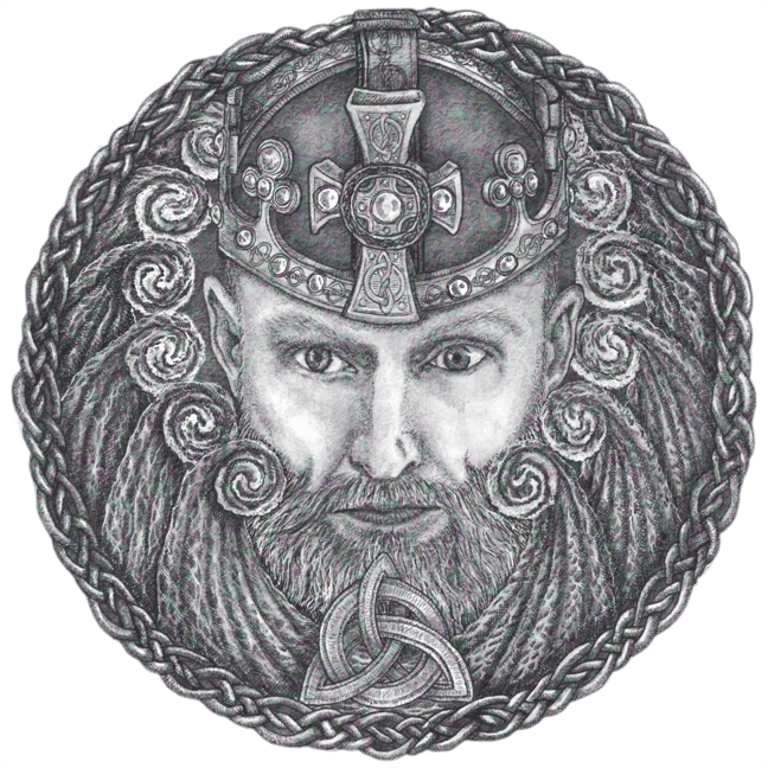 black and white pen and ink illustration shield King Canut Viking Celtic History Portrait