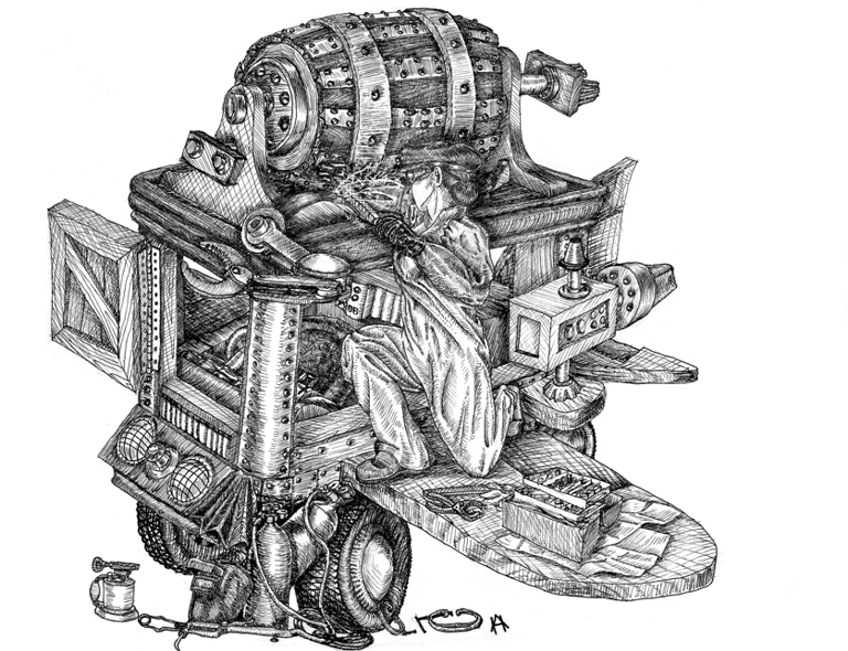 black and white illustration character engineer steampunk mechanic contraption illustration