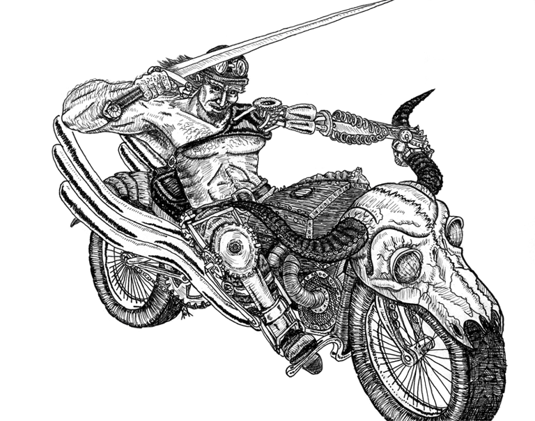 Black and white pen and ink illustration Formorian motorcycle character steampunk broadsword