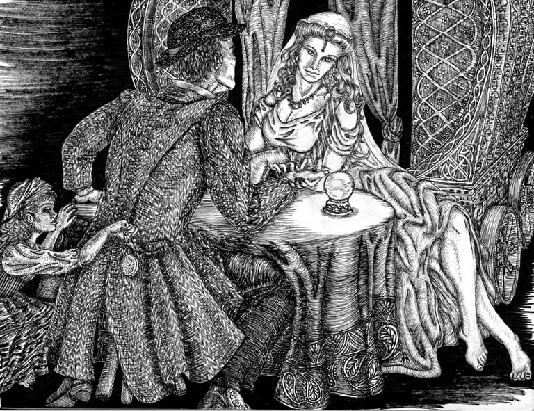 black and white pen and ink illustration character design narrative fortune teller Romani Victorian steampunk