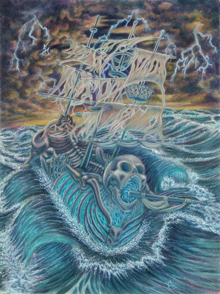 color ink pencil illustration ghost ship fantasy ocean pirate storm landscape skeleton