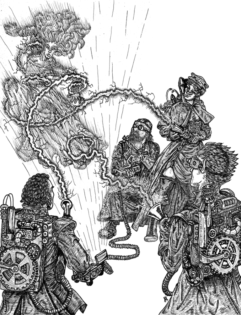 black and white illustration pen and ink steampunk ghostbuster character design roleplaying game tabletop