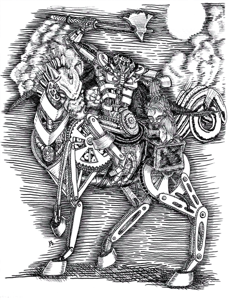 black and white pen and ink illustration Steampunk Headless Horseman Character roleplaying mechanical