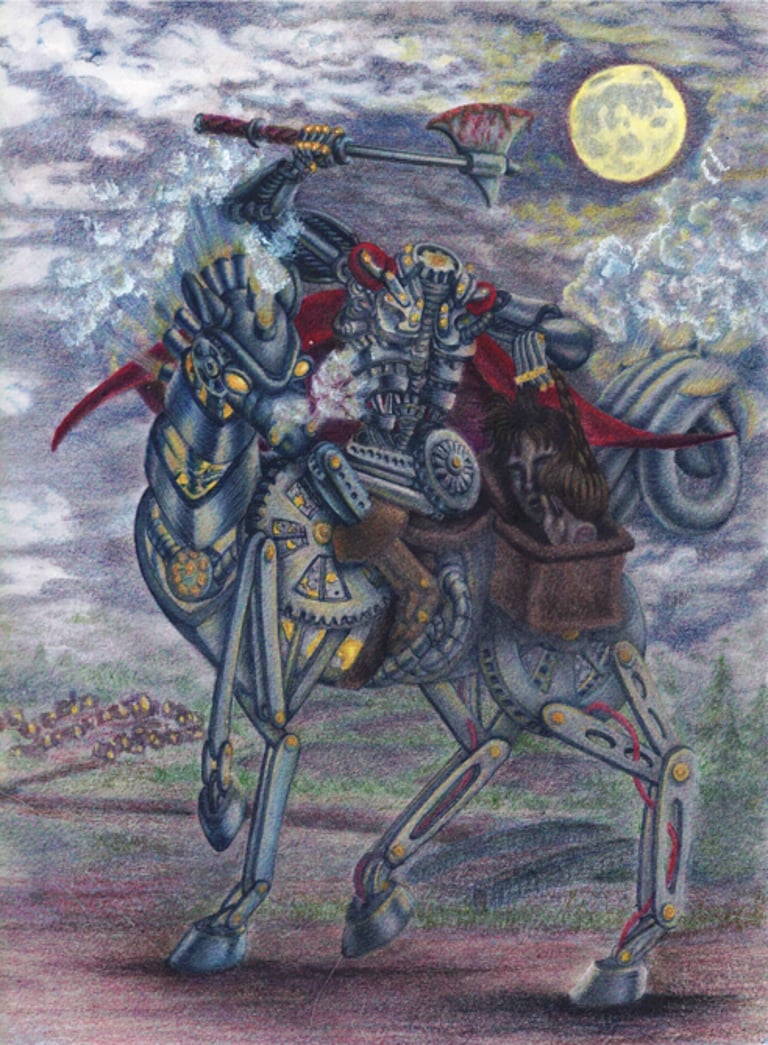 color ink pencil illustration mechanical steampunk headless horseman narrative character design