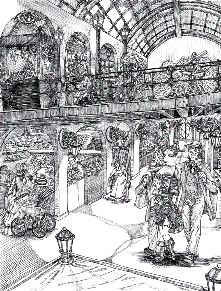 black and white pen and ink illustration steampunk indoor market inspired by contemporary photos Victorian era architecture