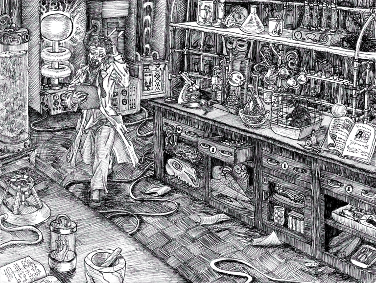 black and white pen and ink illustration mad scientist lab character narrative design Victorian Steampunk roleplaying