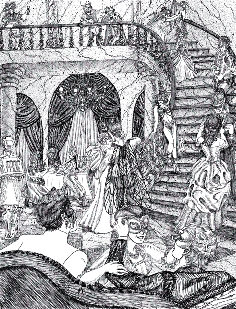 black and white pen and ink illustration Steampunk Victorian masquerade dance party narrative character