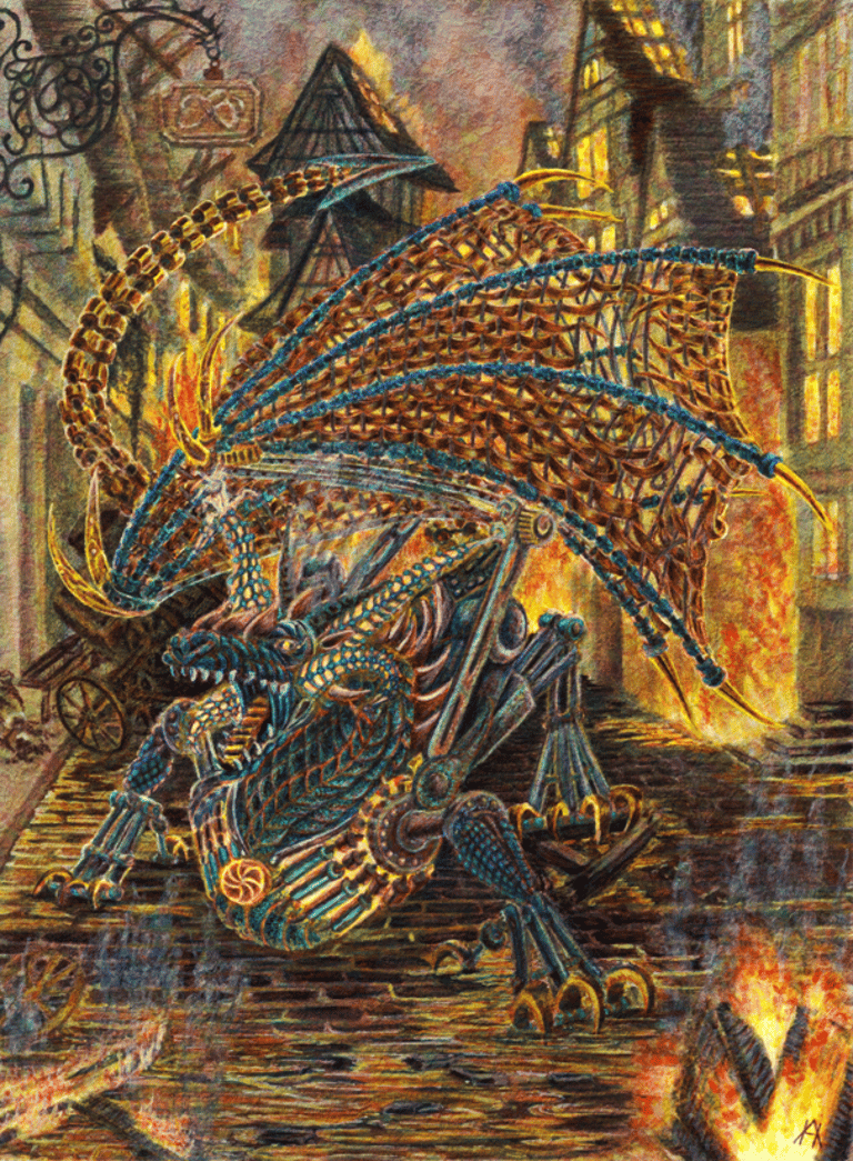 Color ink pencil illustration narrative mechanical dragon roleplaying fantasy