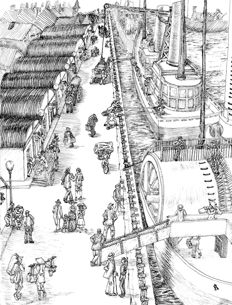 black and white pen and ink illustration steampunk shipyard inspired by historical Victorian photograph