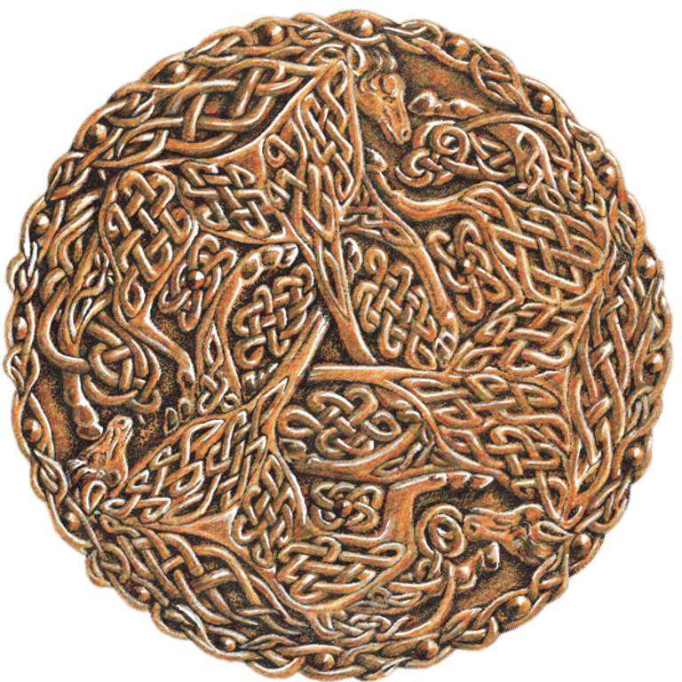 color ink and pencil Viking Celtic horse Shield based on historical design illustration