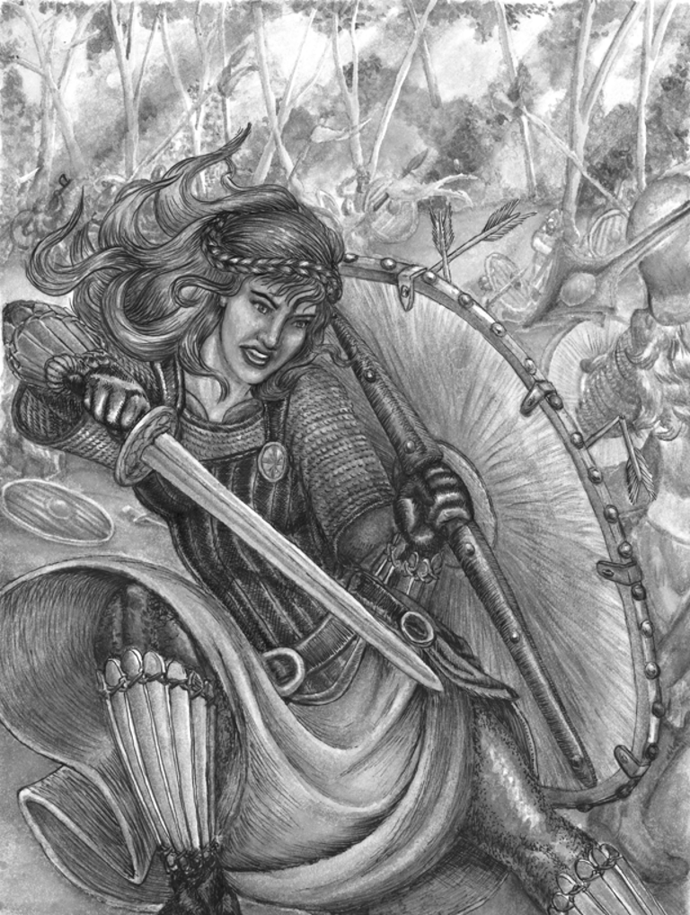 black and white illustration back cover Viking Shieldmaiden battle
