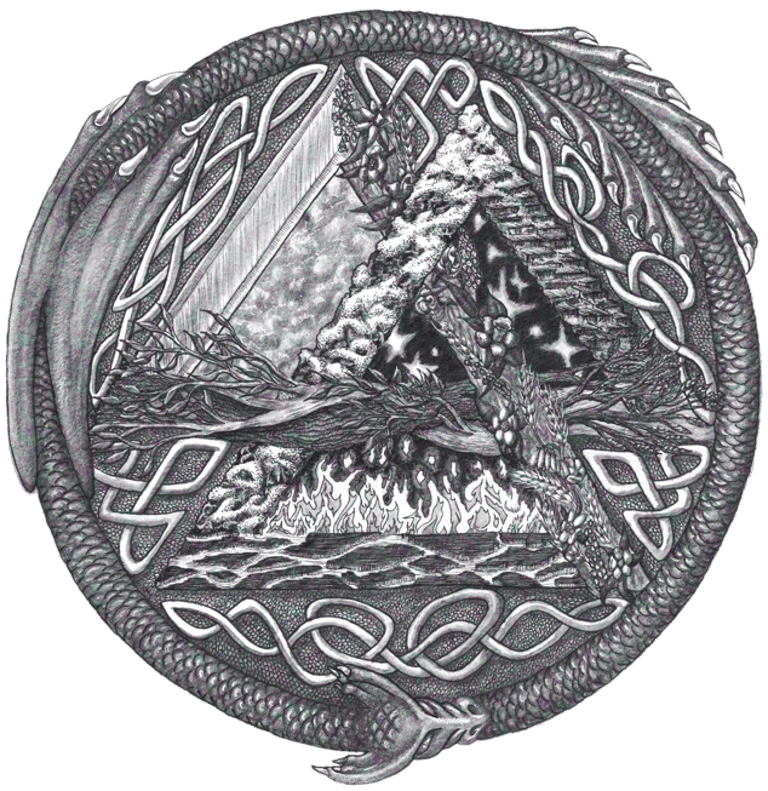 Black and white pen and ink illustration Viking Celtic Volknut symbol Nine Realms of Norse Mythology Dragon Wyrm