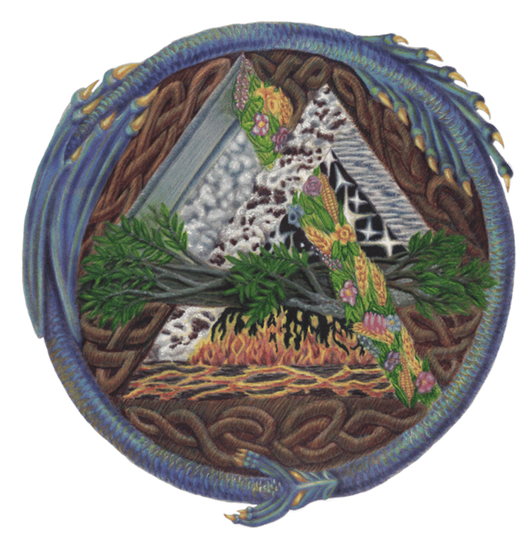 Color pencil and ink illustration Viking Celtic Volknut symbol Nine Realms of Norse Mythology Dragon Wyrm