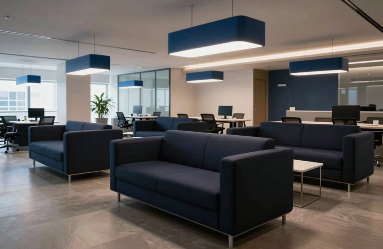 A wide shot of a modern tech office lounge in India with sleek dark navy sofas and indigo light fixtures, creating a premium professional mood.