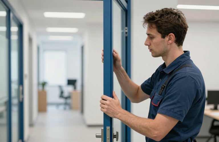 A professional installer adjusting a steel blue door frame in a clean, modern office hallway, bright lighting.