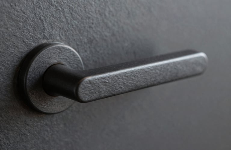 Close-up of a dark slate charcoal door handle, modern minimalist design, professional macro photography with soft focus background.