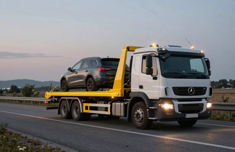 A professional roadside assistance truck with yellow lighting, towing a vehicle safely on a Turkish highway, dusk lighting, high resolution, modern look.