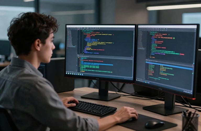 A side view of a professional developer looking at three high-resolution monitors displaying complex lines of code and data models in a dark, futuristic North American tech office.