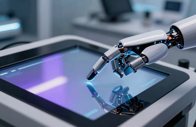 A close-up shot of a robotic hand delicately interacting with a glass touchscreen display, reflecting soft purple and blue light in a premium tech lab.