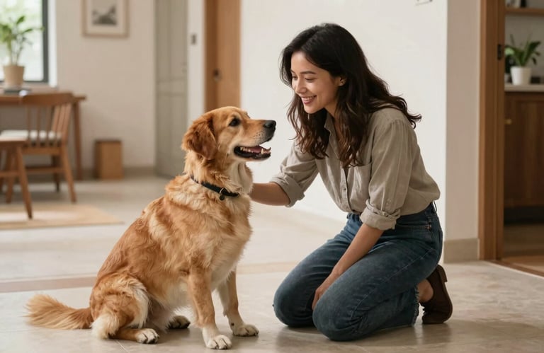 A friendly house sitter kneeling down to interact with a calm, happy pet in a clean, high-end home foyer. The mood is warm and compassionate.